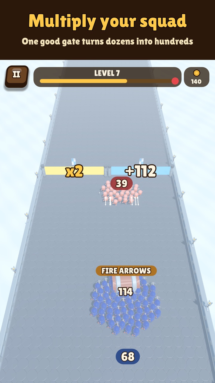 Volley gameplay: a squad of archers choosing between a x2 gate and a +112 gate