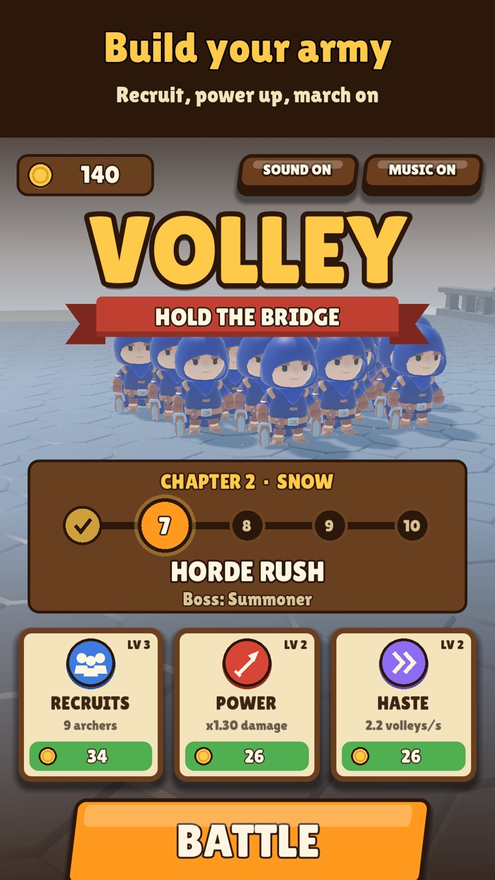 Build your army: recruits, power and haste upgrades